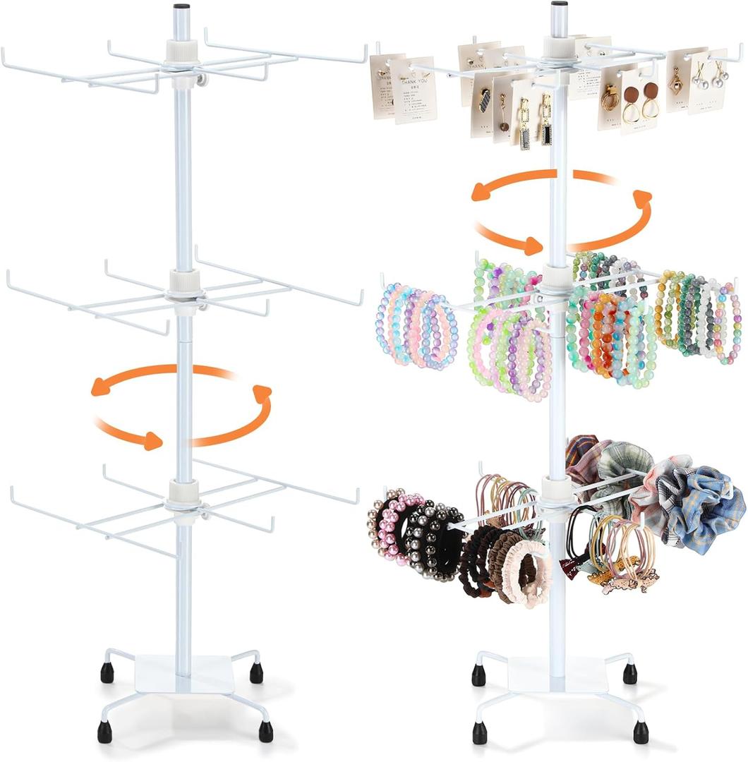 RattanView 2 Pcs Jewelry Rotating Display Stand Adjustable Metal Earrings Bracelet Display Rack Hanging Jewelry Spinning Organizer Tree with Hooks for Vendor Events Selling(3 Tier,White)