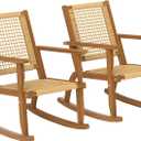 Outsunny Outdoor Rocking Chair Set of 2, Acacia Wood Outdoor Rockers with Armrests, Rattan Wicker Back and Seat, Patio Wooden Rocking Chair Set for Garden, Balcony, Porch, Khaki