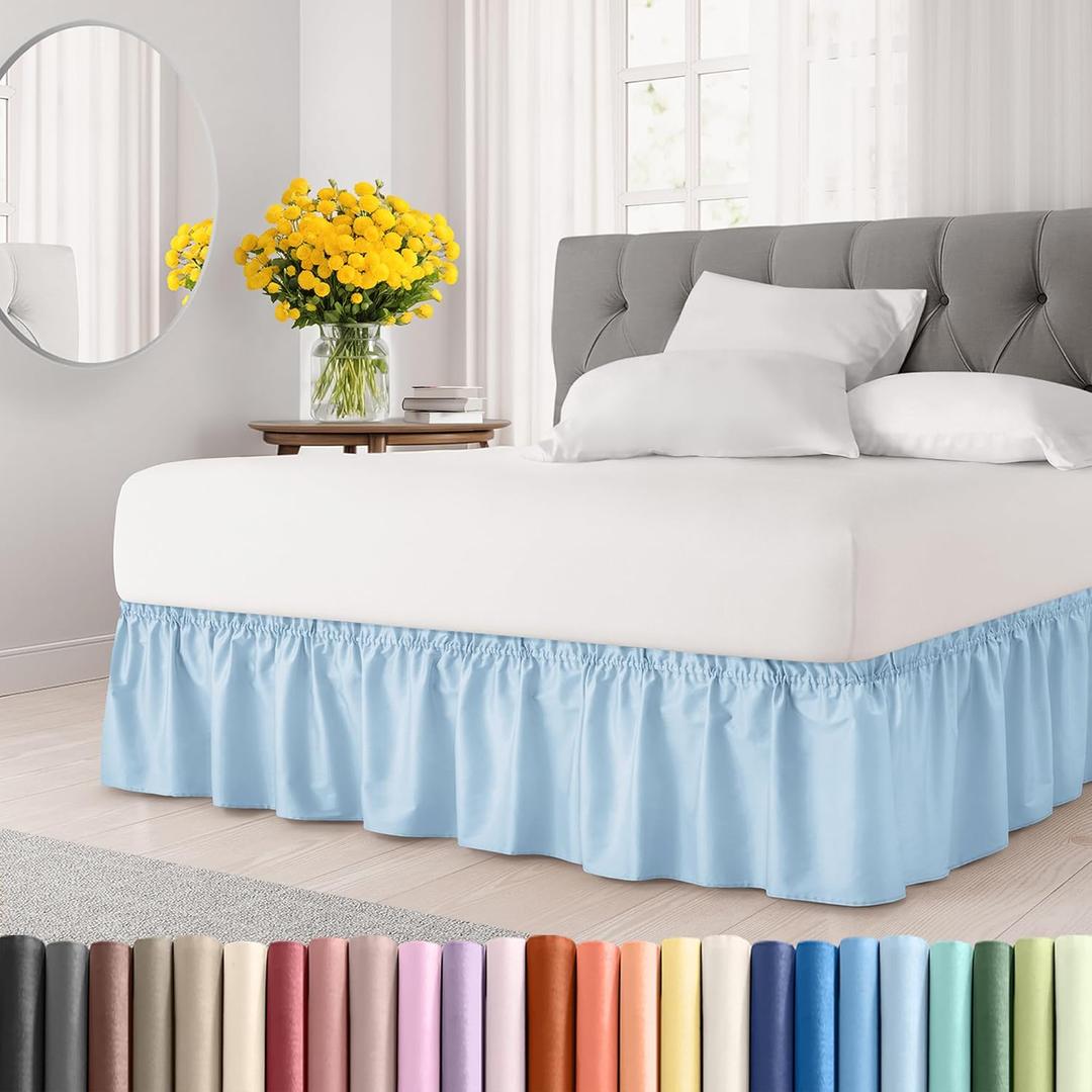 Wrap Around Dust Ruffle Bed Skirt - Light Blue - for Full Size Beds with 12 Inch Drop - Elastic Strap - Adjustable Pleated Bedskirt with Brushed Fabric and Wrinkle Free - for Women, Men, Kids & Teens (Full, 11 - Light Blue)