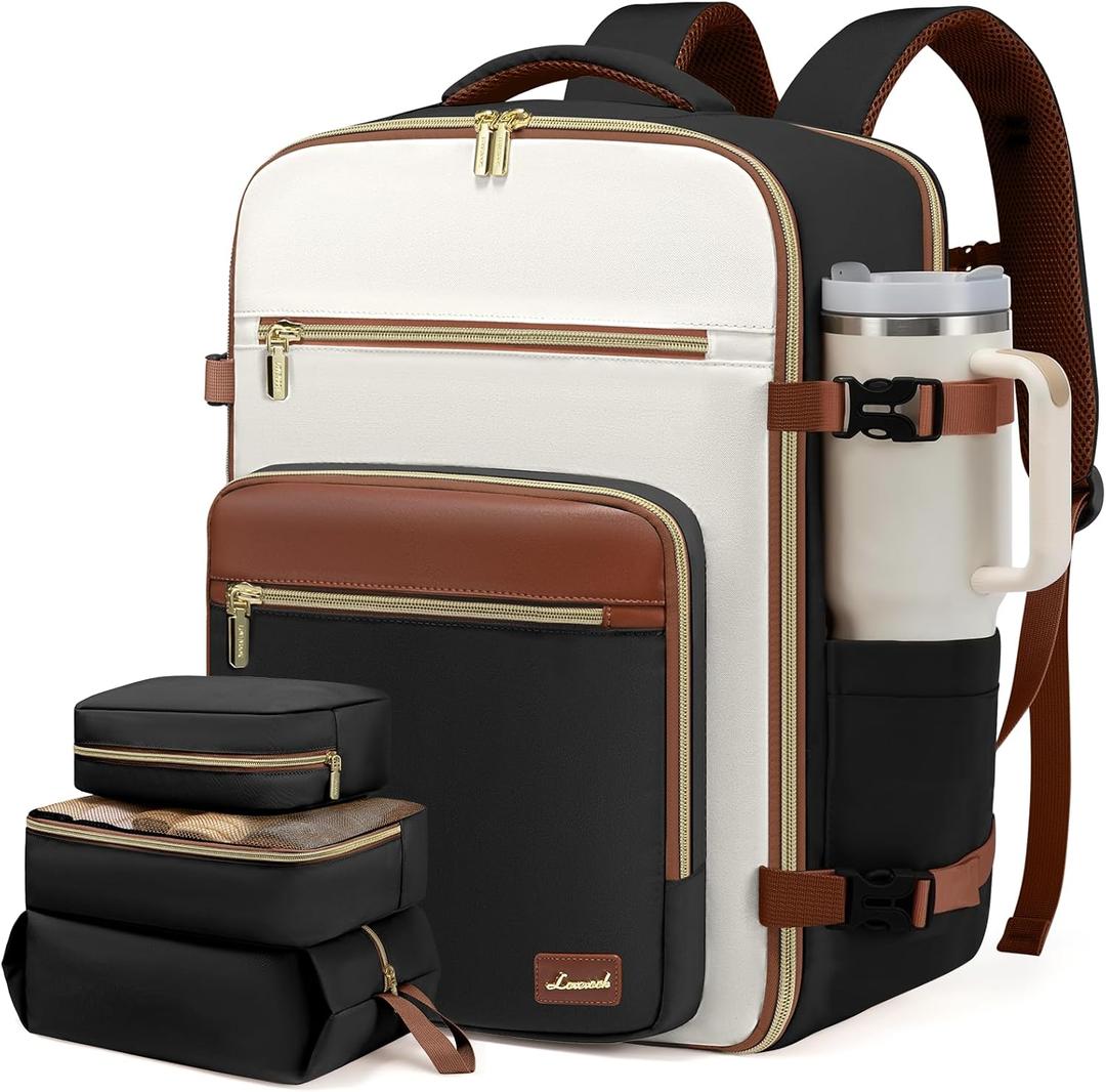 LOVEVOOK Travel Backpack For Women,40L Carry On Backpack Flight Approved, TSA Personal Item Travel Bag Fits 17 Inch Laptop, Business Weekender Overnight Daypack with Back Pad and Chest Buckle, Cubes (Black and White and Brown)