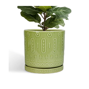 Ceramic Planter - 12 Inch Pots for Plants Indoor Outdoor, Round Large Flower Pots with Drainage Hole and Saucer, Decorative Boho Planter, Home Office Decor, Plant Lover Gifts, Green