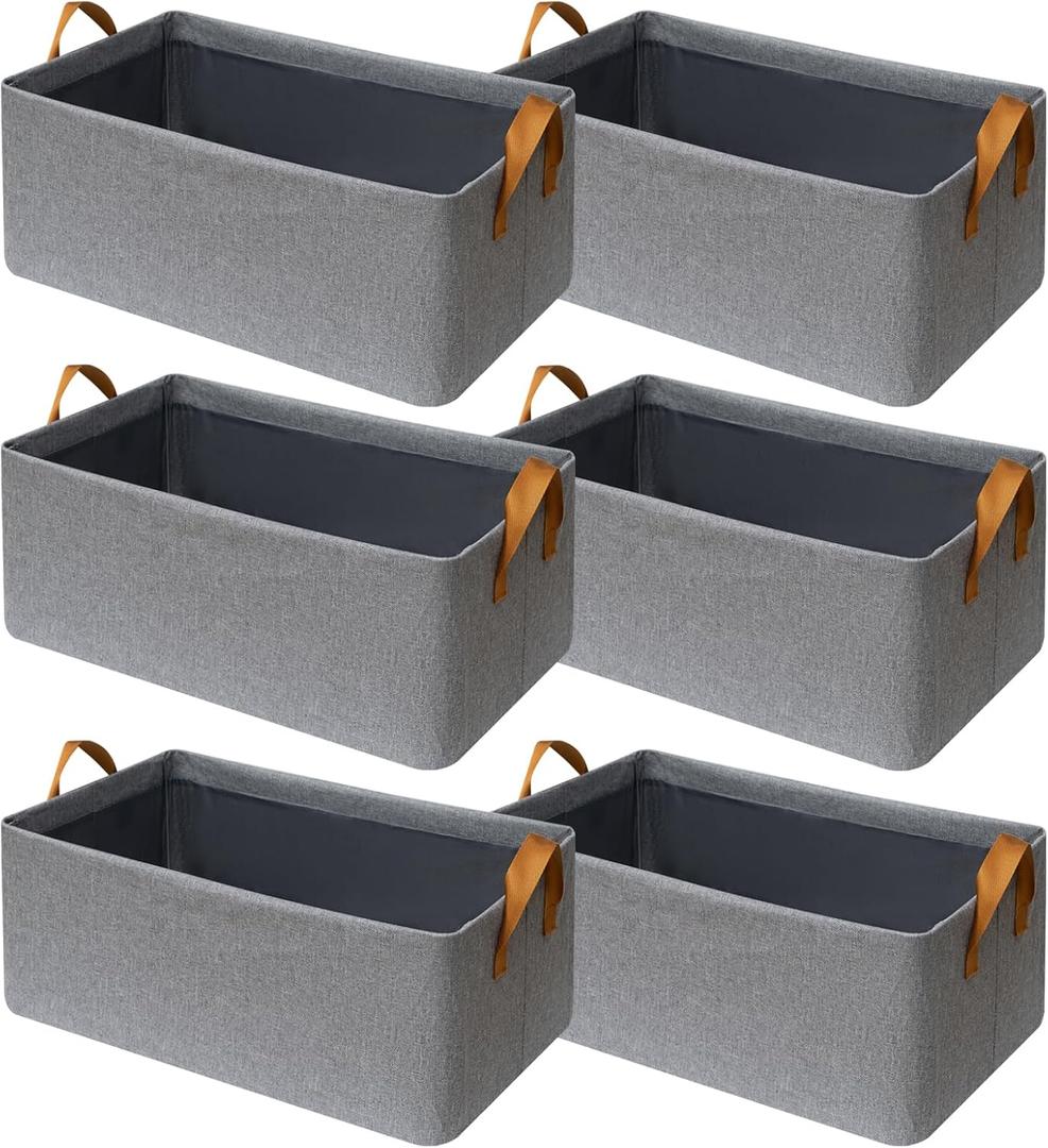 SNWDN 6 Pack Closet Cloth Storage Bins for Shelves, Medium Storage Baskets for Shelves, Fabric Bins for Closet organization with Handles Gray 15''L x 10''W x 8''H (Grey)