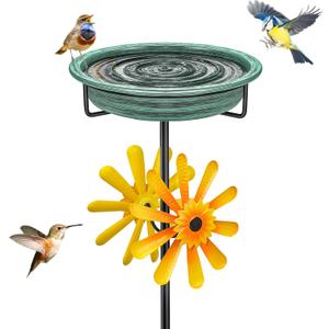 Metal Bird Bath for Outside with Wind Spinner, 48.8 Vintage Freestanding Birdbaths & Birdfeeder with Windmill, Easy to Clean Bird Baths Feeder Bowl for Outdoors Garden Yard Lawn Decor (Retro Green)