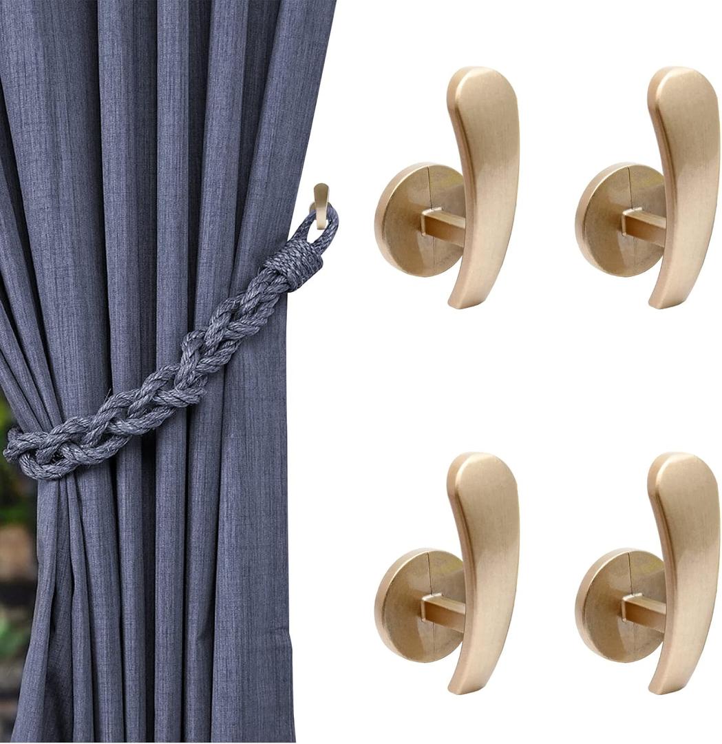 4 Pack Brass Gold Curtain Tieback Hooks, Curtain Holdback Hooks for Wall Mounted, Decorative Hooks Drapery Tiebacks with Screws (4 Pack Brass Gold)