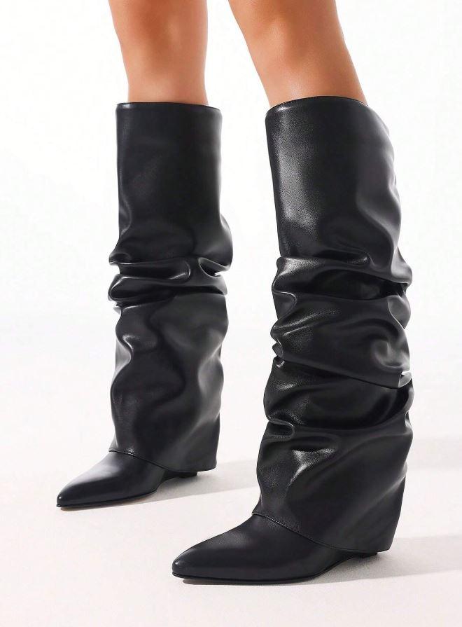 Knee High Shark Boots For Women, Fold Over Ruched Slouchy Pleated Boots With Wedge High Heels Pointed Toe Pull On Mid Calf Boots, size 7.5