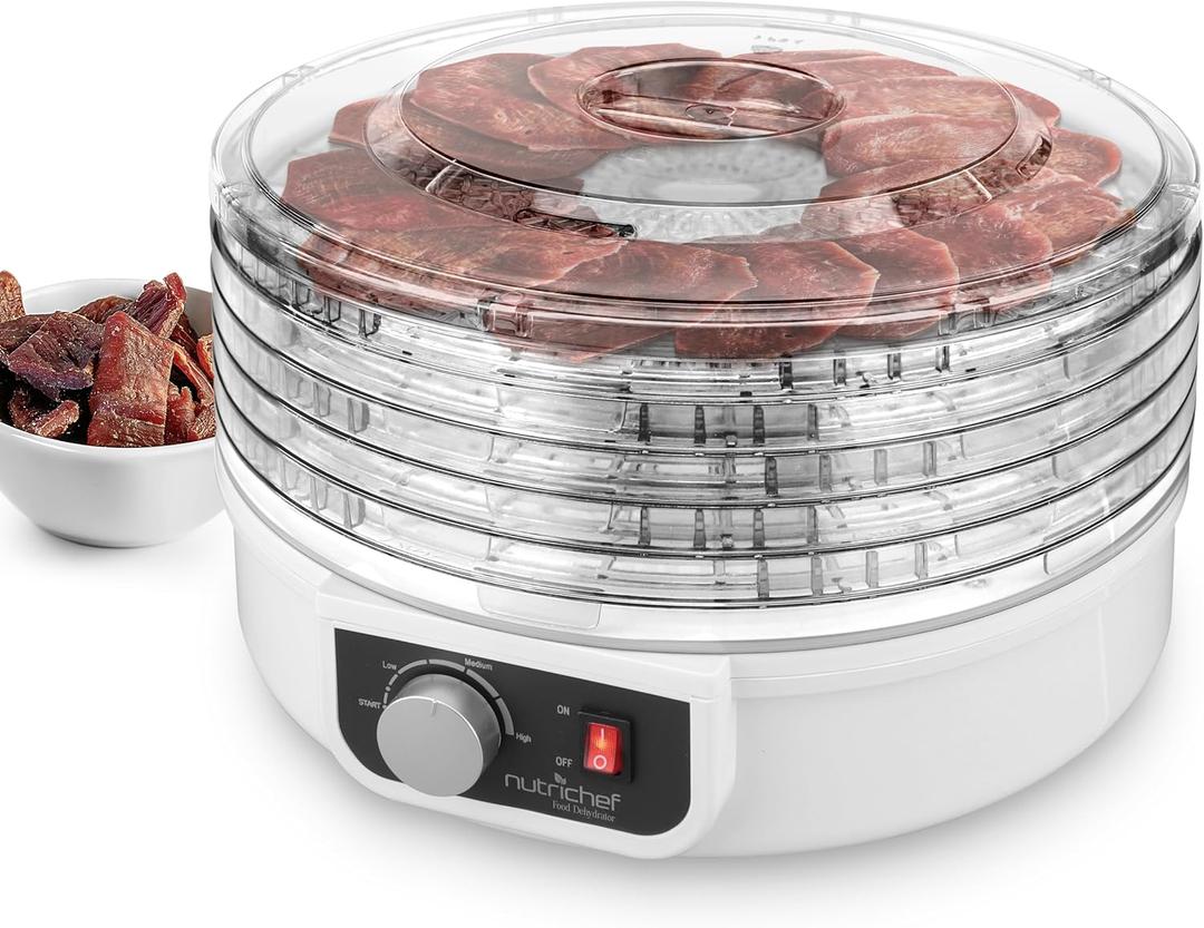 NutriChef Food Dehydrator Machine | Dehydrate Beef Jerky, Meats, Mushrooms, Fruits & Vegetables | Great For At Home Use | Uses High-Heat Circulation for Even Dehydration | 5 Easy to Clean Trays. (Milky)