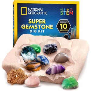 National Geographic Gemstone Dig Kit Dig Up 10 Real Gemstones and Crystals, Science Kit for Kids, Gem Digging Kit, Gift for Girls and Boys, Mining Kit, Rock Collection