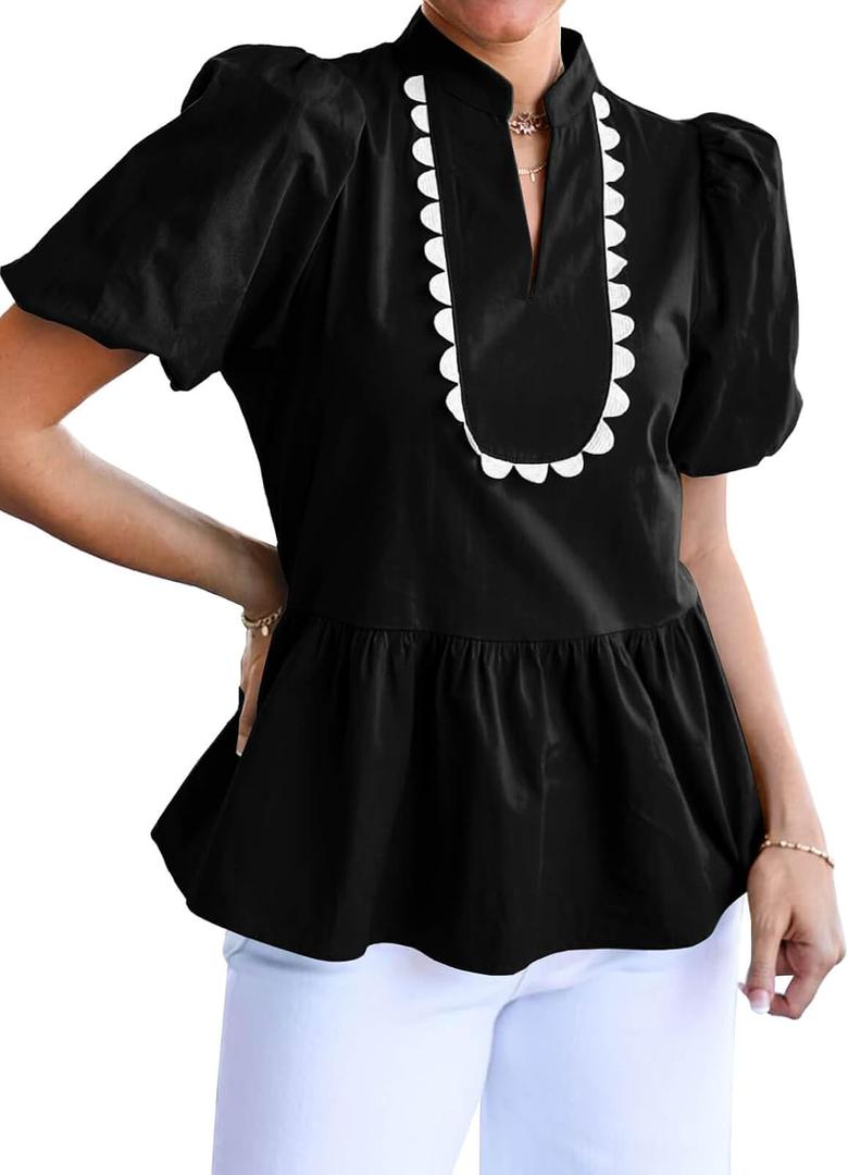 Cicy Bell Women Puff Sleeve Peplum Blouse Ruffle Vneck Summer Babydoll Tops (Black, L)