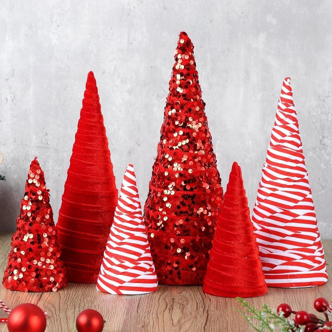 6 Pcs 12" 10" 6" Christmas Velet Cone Tree Decoration Christmas Glitter Table Tree Farmhouse Tree Tiered Tray Ornament Xmas Tree for Home Holiday Entryway Tabletop Tree Centerpiece Decor (Red White)
