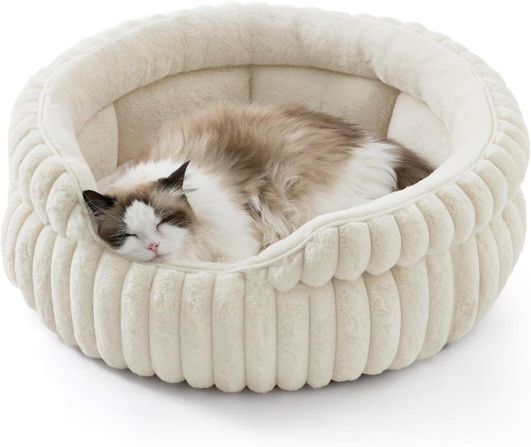 Bedsure ComfyFleece Cat Bed, Washable Round Cute Cat Beds for Indoor Cats, Super Soft Corduroy Pet Bed for Puppy and Kitten with Anti-Slip Bottom, 23''x23''x8.5'', Cream