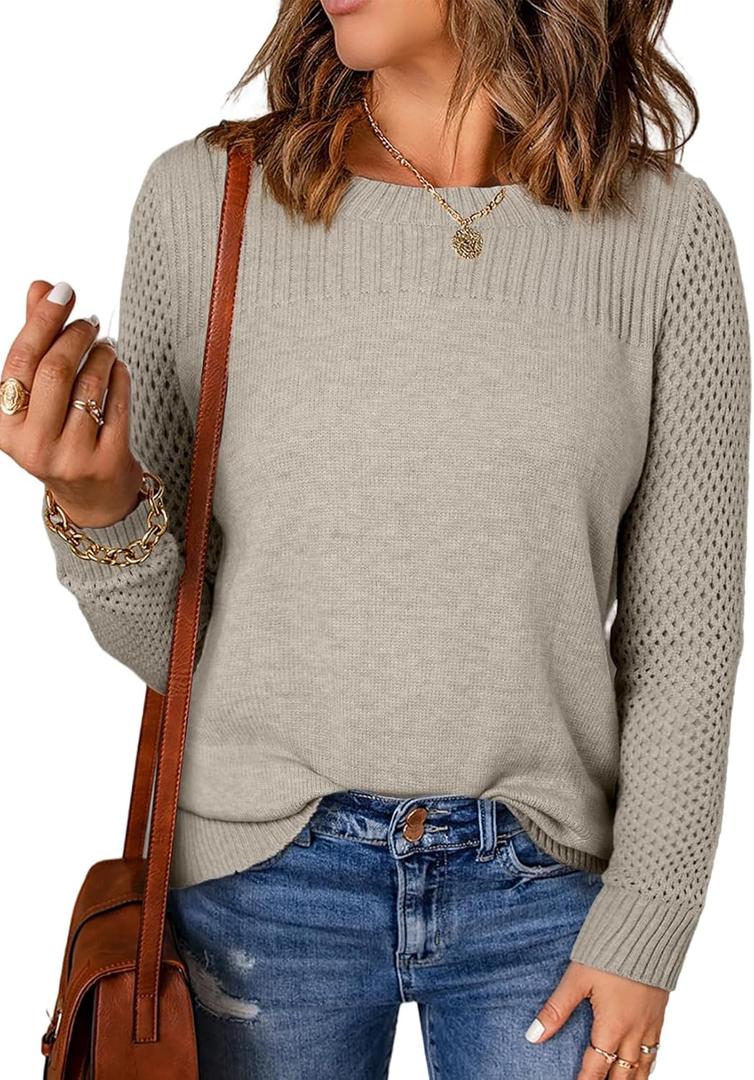 EVALESS Womens Sweaters Casual Long Sleeve Crewneck Cable Knit Lightweight Oversized Crochet Sweater Pullover Tops (X-Large, Parchment)