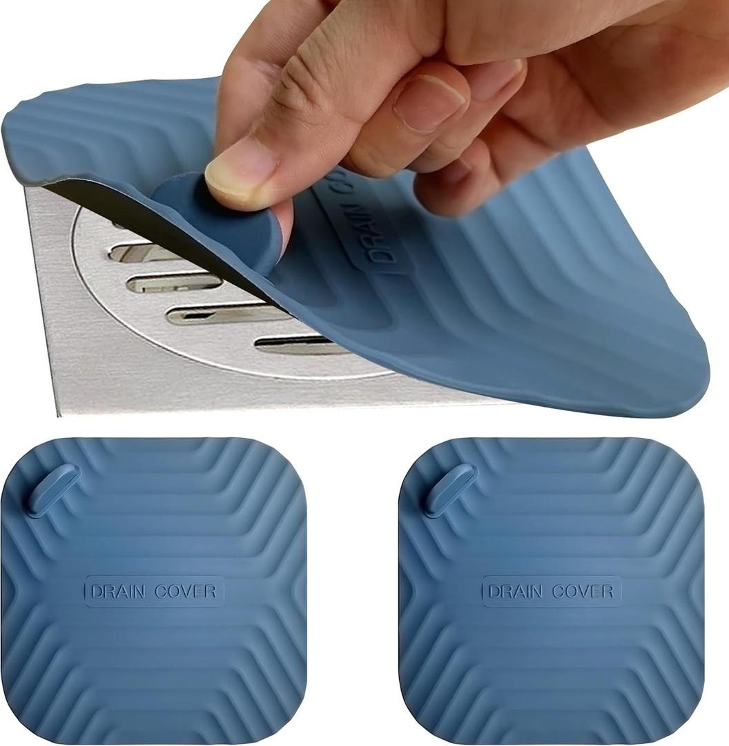 Shower Drain Cover Tub Stopper,2 Pieces Sewer Anti-Odor Mat Deodorizing Drain Plugs for Kitchen,Bathroom and Laundry(5.9x5.9 inch) Blue