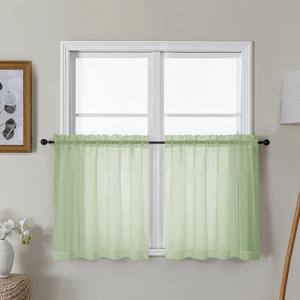 Gwine Light Green Sheer Curtain Tiers 24 Inch Length, Light Filtering Voile Short Curtain for Living Room Bedroom, Rod Pocket Cafe Curtains for Small Windows 42x24 Inch, 2PCS