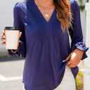 Dokotoo Womens Tops Casual Pleated V Neck Puff Long Sleeve T Shirts Loose Tunic Business Blouse (Blue, S)