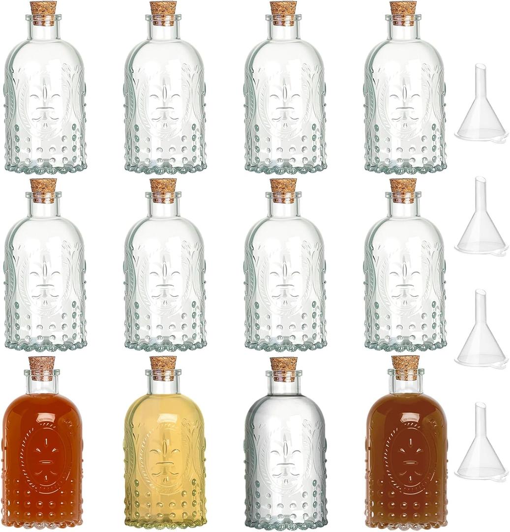 12 Pack 6oz Glass Bottles with Cork Stoppers, 200ml Clear Glass Liquor Bottles for Vanilla Extract, Infusions, Homemade Spirits, Wedding Favors & DIY Crafts