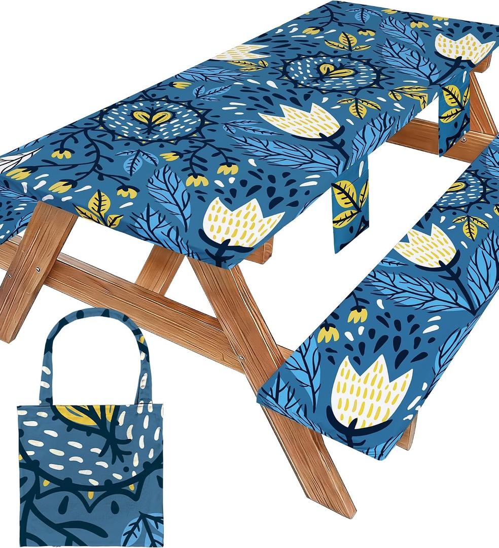 Picnic Table Cover with Bench Covers Waterproof Elastic Rectangle Tablecloth Camping Essentials Supplies Rv Car Travel Gear Must Haves Accessories Fitted Table Cloth Outdoor Road Trip Camper Gifts 6ft