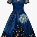 Women Halloween Party Costume Vintage Swing Lace Short Sleeve Witch Dress Size M