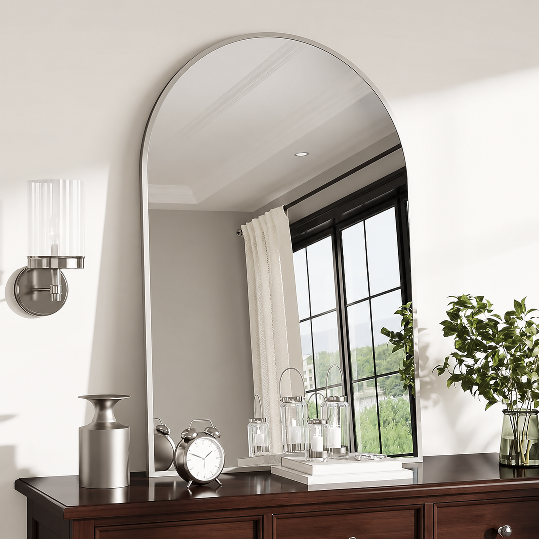 Garvee 26x38 Arched Mirror - Arch Wall Mirrors - Modern Silver Vanity Mirrors - Mirror with an Elegant Arch Metal Frame for Your Bathroom/Bedroom or Living Room