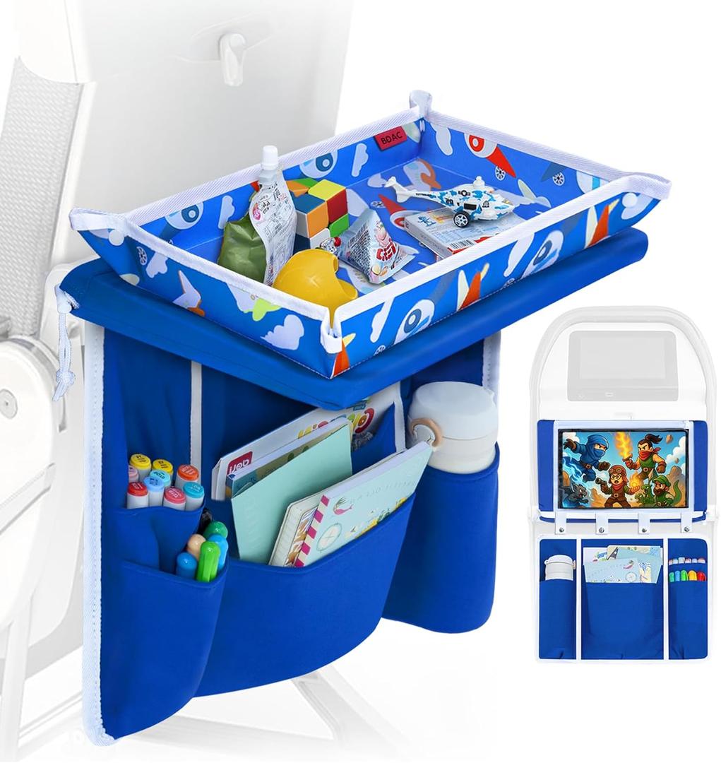 Adjustable Kids Airplane Tray Cover with Pocket Organizer, Snack & Toy Pockets, Toddler Airplane Travel Essentials, Travel Tray for Plane Train, Clear Touch Tablet Pocket, Carrying Strap, Plane Print