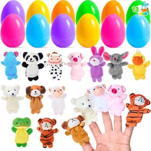 JOYIN 12pcs Prefilled Easter Eggs with Toys, Plastic Eggs with Finger Puppets, Basket Stuffers for Toddlers & Babies, Easter Theme Party Favors