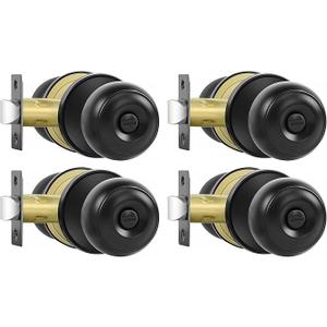 Privacy Door Knobs, 4 Pack Matte Black Door Knobs with Lock, Bed and Bath Door Knob Interior Keyless Locksets, Round Door Handles Reversible for Left Right Handed Doors