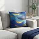 Blue and Gold Throw Pillow Cover 18x18, Soft Velvet Abstract Art Decorative Cushion Case, Modern Oil Painting Design for Sofa Couch Living Room (1 Pack, No Insert)