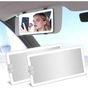 2PCS Car Visor Vanity Mirror with Lights, Rechargeable Dimmable Touch LED Sun Visor Mirrors, Large Detachable Vanity Makeup Mirror with 3 Color Modes for Truck SUV Car Accessories for Women(White)