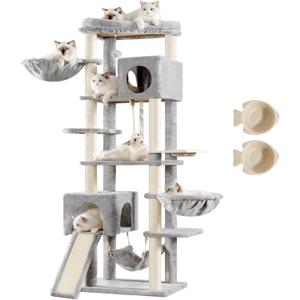Hey-brother Cat Tree, 70.8 Inches Multi-Level Cat Tree Tower for Large Cats, Heavy Duty Cat Tower with Cat Condo,Baskets, Cat Scratching Posts, Big Hammock and Food Bowls, Light Gray MPJ036W