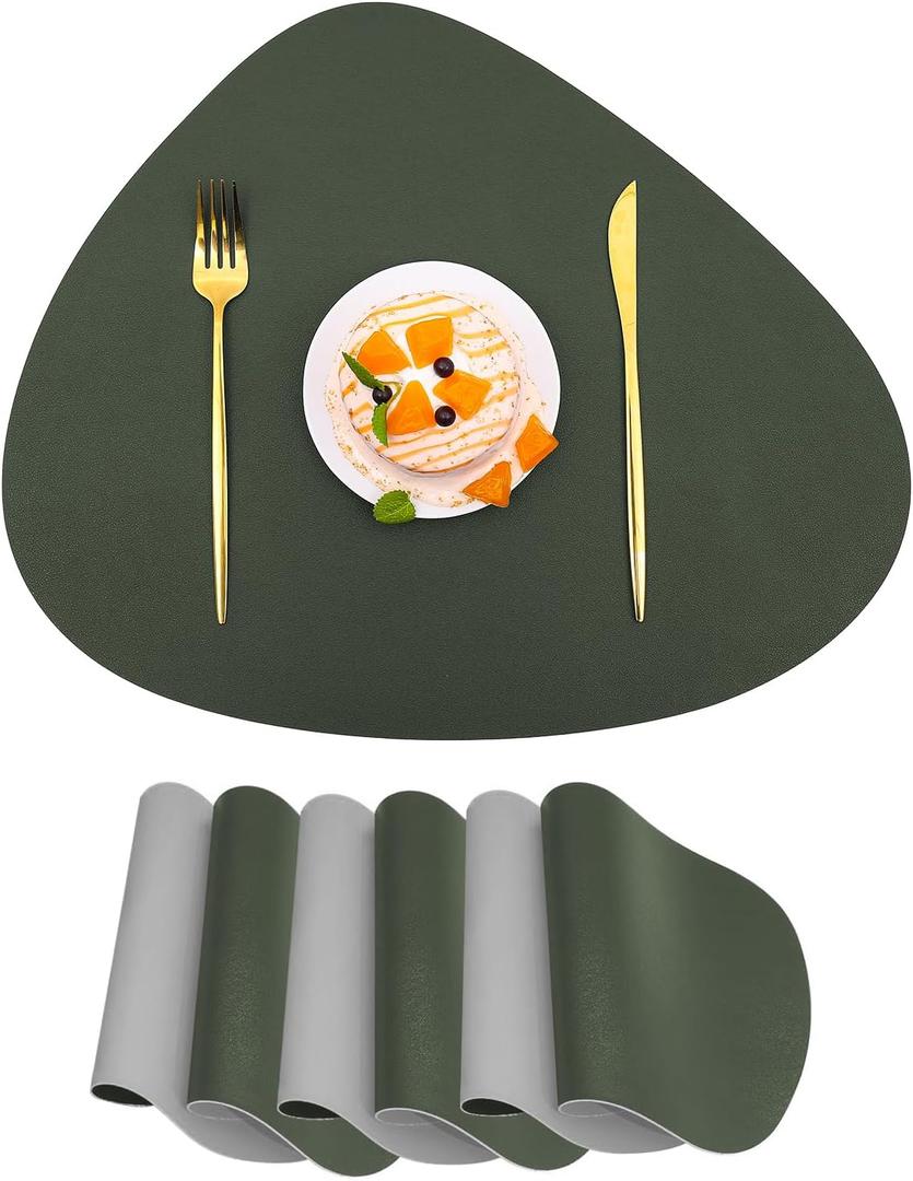 PU Faux Leather Thick Wipeable Waterproof Placemats Set of 4, Washable Oil-Proof, Wrinkle Free Kitchen Dining Table Mats, Deep Green/Grey