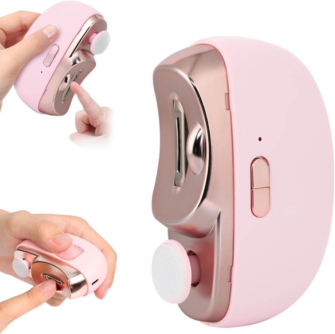 Automatic Nail Clipper Electric Nail Trimmer Polisher 3 in 1 Portable Fingernail Cutter with Light 2 Speeds File Nail Clip Storage Rechargeable Safety Trimmer for Seniors Adults Kids Baby (Pink)