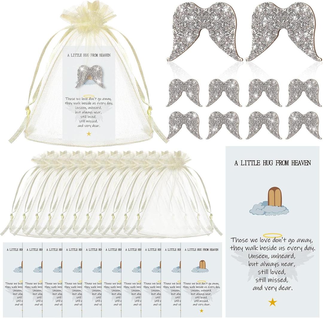 60 Set Funeral Favors Angel Pocket Hug Pre Assembled from Heaven Poem Gift Angel Prayer Cards Glitter Wooden Memorial Sign and Organza Bags for Funeral Church Prayer Party Return Token Keepsake