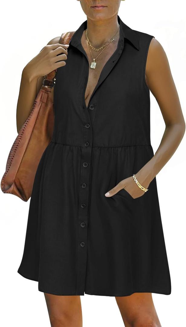 PYGFEMR Women's Summer Babydoll Dress Button Down Tired Sleeveless T Shirts Dresses with Pockets (Black), Size: L