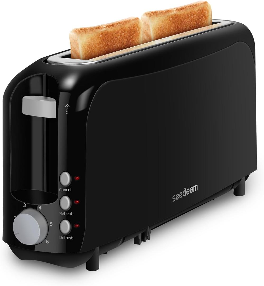 SEEDEEM 2 Slice Slim Toaster, Single 10" Long Slot Toaster Fits Bagels & Artisan Bread, 6 Shade Settings, Cancel/Reheat/Defrost, Removable Crumb Tray, Auto Shut-Off, Black (3.54 x 14.37 x 6.89 inches)
