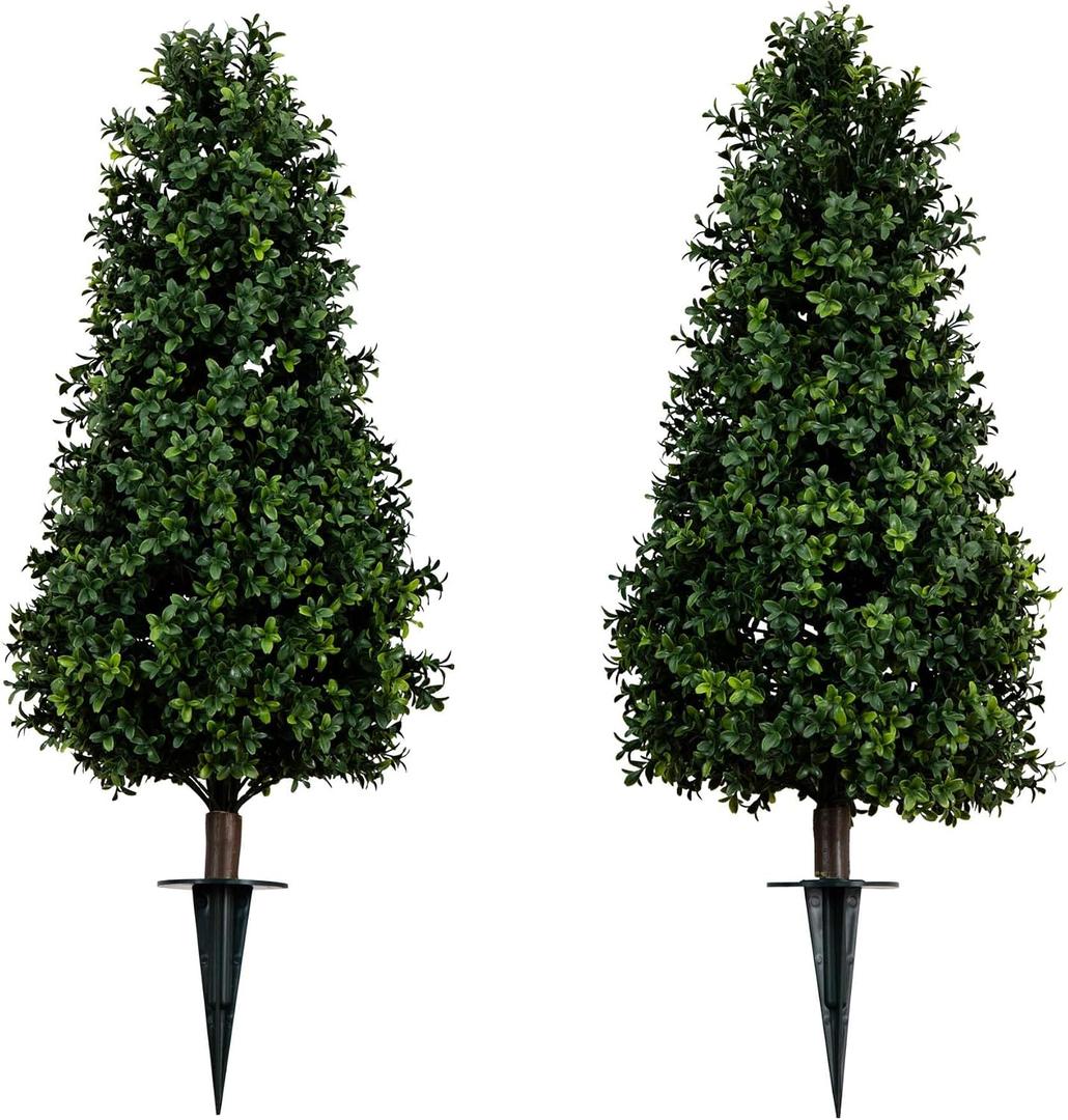 Nearly Natural 3ft UV Resistant Artificial Boxwood Plants, Set of 2, with Integrated Ground Stakes for Indoor Outdoor and Garden Decor