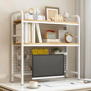 IOTXY 2-Tier Desktop Hutch Bookshelf - Metal Desk Shelf Bookcase with Grid Panel, Countertop Storage Organizer Rack for Dorm or Office, Black, 37.4" W