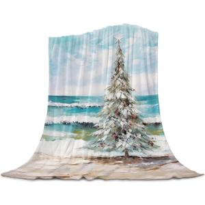 Coastal Christmas Tree Throw Blanket Flannel Fleece, Soft Plush Cozy Baby Blankets, Modern Oil Painting Beach Xmas Tree Blankets Throws Warn Fuzzy Blanket for Couch/Sofa/Chair/Travel 30"x40"