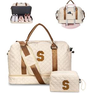 Gifts for Granddaughter-Girl Duffle Bag with Shoe Compartment, Personalized Girl Weekender Bag, Monogram Overnight Bag, Letter Travel Bag with Makeup BagDaughter Friend Gifts (Letter S) (Beige)