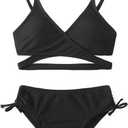 MIENOE Teen Girls' Swimsuits Two-Piece V-Neck Bikini Adjustable Shoulder Straps Swimsuit Kids Bikini with Chest Pad (6-8 Years, Black - Cross Style)