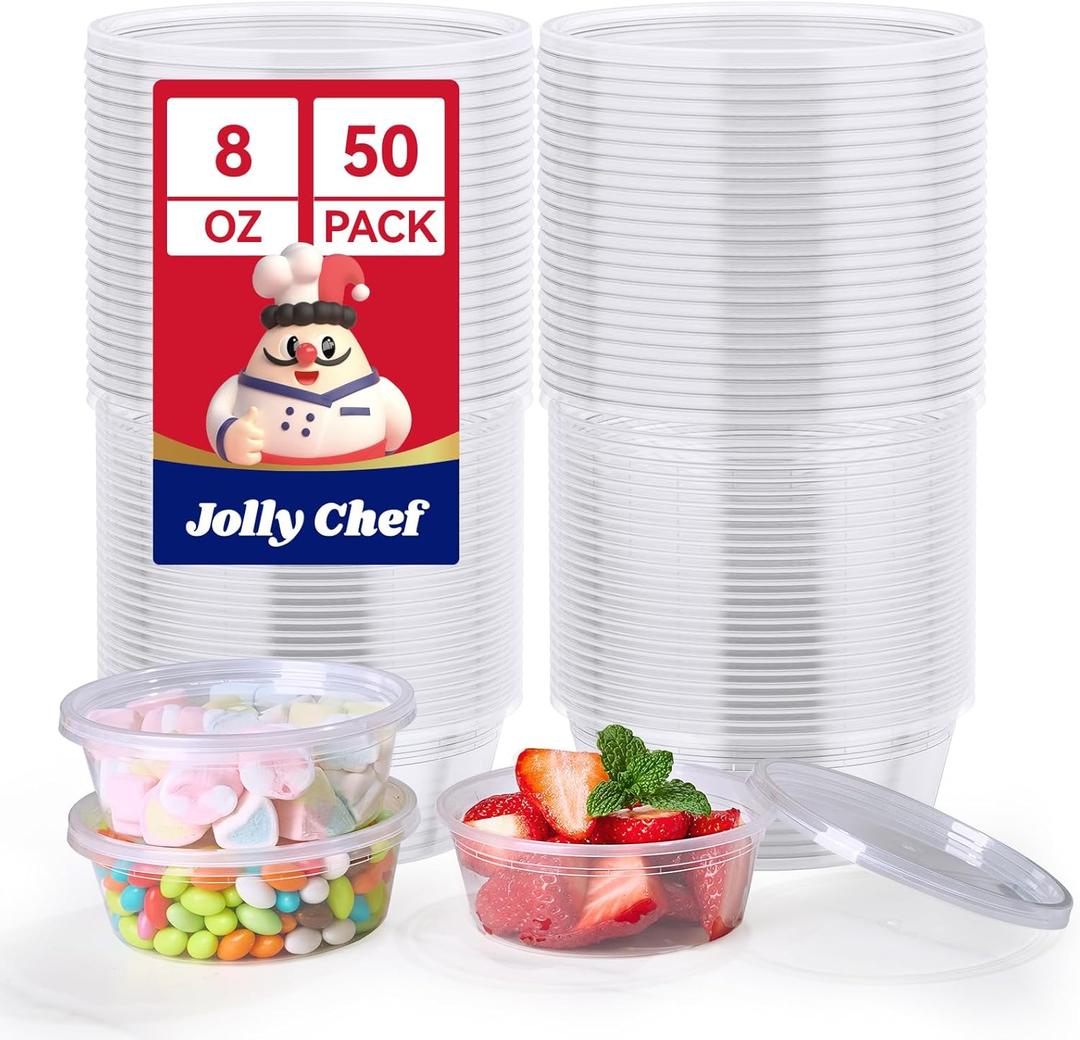 JOLLY CHEF Deli Food Storage Containers with Lids 8 OZ 50 Set Food Storage Containers, Leakproof |Stackable | Microwave | Dishwasher | Freezer Safe