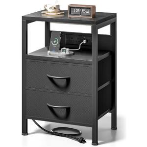 NightStand Bedside Charging Table Bedroom - Night Stand with Charger Station, Modern Nightstand with Open Shelf & 2 Fabric Drawers, Bed Side Table with USB-C Port for Dorm, Black