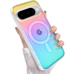 Cute Case for Google Pixel 10 Pro / 10 Case for Women Girls [Compatible with Magsafe] Aesthetic Girly Glitter Bling Rainbow Magnetic Protective Phone Cover, Clear Iridescent