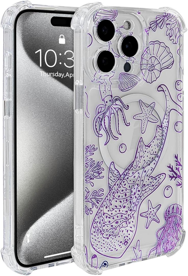 for iPhone 15 Pro Max Case Clear Magnetic, Compatible with MagSafe, Ocean Marine Animals Pattern, Slim Shockproof Camera Lens Protection Phone Case for Women Men 6.7" - Purple
