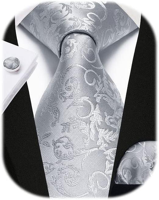 Enlision Mens Ties Solid Color Satin Necktie Ties for men Handkerchief Cufflinks Pocket Squares for Wedding (S1-light Grey Paisley)