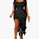 IyMoo Women Sexy Strapless Ruffle Bodycon Dress Solid Color Fringe Slim Party Cocktail Bandage Dresses, Size XXL