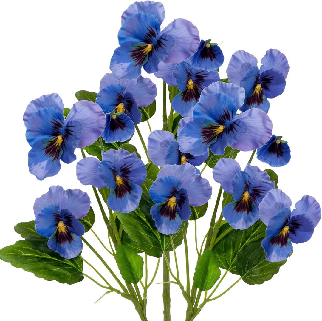 Blue Artificial Flowers 3 Pack Pansy Flowers Artificial Silk Flowers 18" Realistic Fake Flowers for Decoration Spring Faux Flowers for Vase Home Indoor Wedding Flower Bouquet Table Centerpiece Decor
