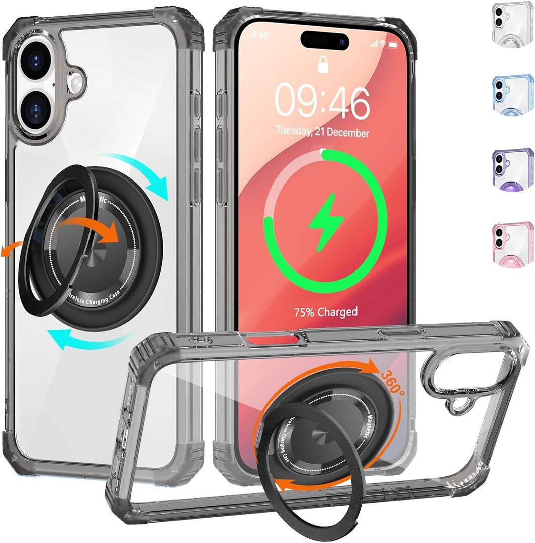 Clear Case for iPhone 16 Case with Magnetic 360 Rotatable Ring Stand [ Compatible with MagSafe ], Heavy Duty Military Grade Cover with Ring Kickstand for Women Men, Transparent Black