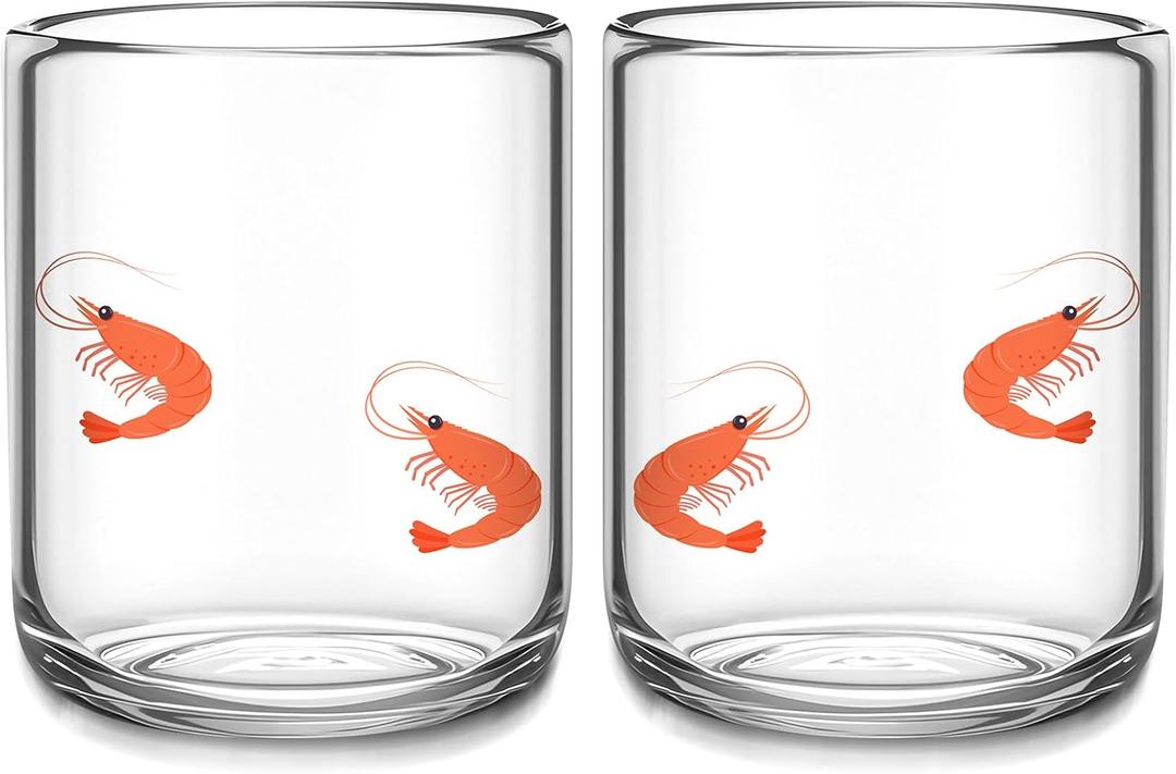 Funnymoom 2 PCS Icon Juice Glasses - 14oz Old Fashioned Icon Stemless Wine Drinking Juice Cocktail Coffee Glasses Cups for Women Home Summer Party Supplies Gift(Shrimp Style)