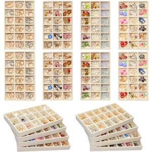 8 Pack Stackable Jewelry Organizer Tray Velvet Jewelrry Storage Drawer Insert Earring Stacking Trays for Dresser 18 Grids (Beige)