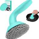 HAUSHOF Cast Iron Scrubber with Long Handle, Chainmail Scrubber Cast Iron Cleaner for Pan, Kitchen Cleaning Kit for Grill, Dutch, Oven (Seafoam Green)
