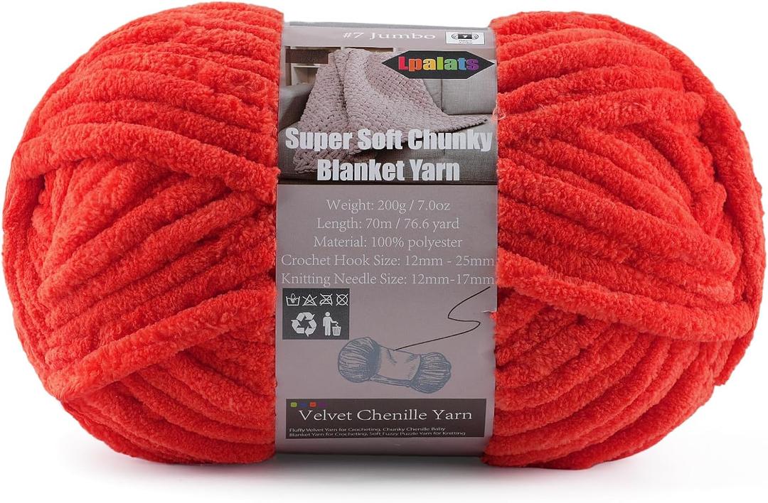 Velvet Chenille Yarn for Crocheting Super Bulky - 1 Skein of 200g/7oz - Ultra Soft Baby Blanket Chunky Plush Yarn for Knitting Amigurumi Crochet Thick Blankets (76.6 yds) (1, Red)
